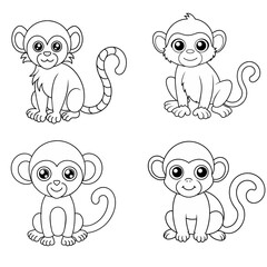Forest animals - cute monkey, simple thick lines kids or children cartoon coloring book pages. Clean drawing can be vectorized to illustration easily