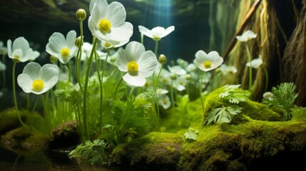 Close-up of white flowers and green moss in a forest setting with a blue light in the background