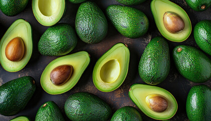 Vibrant avocado background. Top view of fresh green avocados. Pattern with fresh sliced avocados. Perfect for banners and wallpapers.