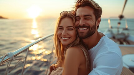 Happy young couple resting on yacht - obrazy, fototapety, plakaty