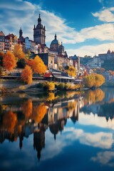 A beautiful riverside town in autumn