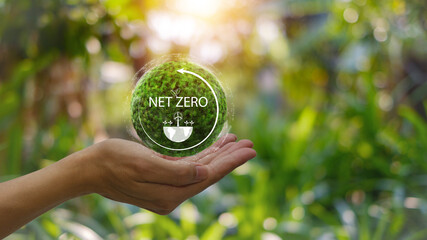  hand there is a carbon neutral NET ZERO icon.  net zero carbon emissions and net greenhouse gas...
