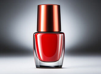 Shiny red nail polish in closed Sphere bottle on grey background. Fashion Beauty Varnish. Cosmetics for women. Realistic clipart template pattern.