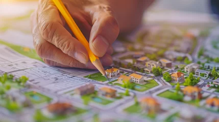 Papier Peint photo Jardin Man holding a pencil pointing to cadastral map to decide to buy land. real estate concept with vacant land for building construction and housing subdivision for sale, rent, buy, investment