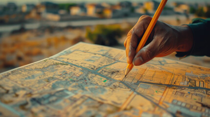 Man holding a pencil pointing to cadastral map to decide to buy land. real estate concept with vacant land for building construction and housing subdivision for sale, rent, buy, investment