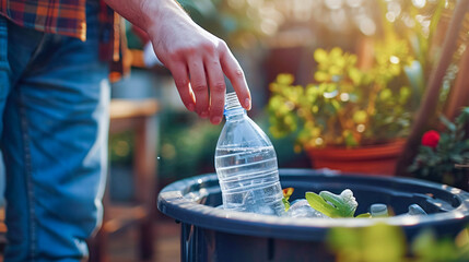 A man's hand in close-up throws a plastic bottle into a trash can. Taking care of the environment and proper sorting of garbage for further processing