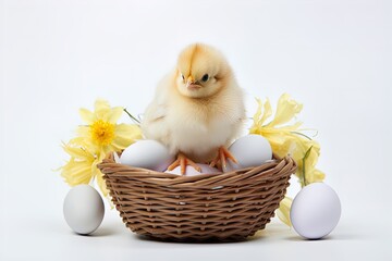 Cute little chicken in a basket with Easter colored eggs, Easter
