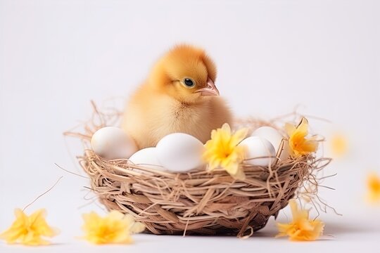 Cute little chicken in a basket with Easter colored eggs, Easter