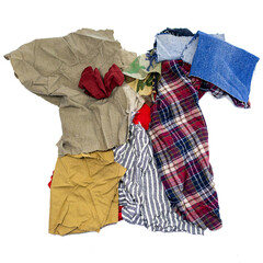 T-shirt shaped textile scraps. Lots of textile fabric scraps. Textile waste. Eco-conscious brands, recycling campaigns, creative designs, sustainability projects.