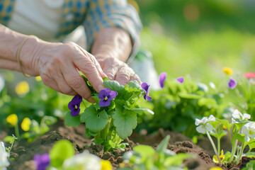 Retired woman gardening in her backyard, tending to plants and flowers, close-up on her hands working in the soil