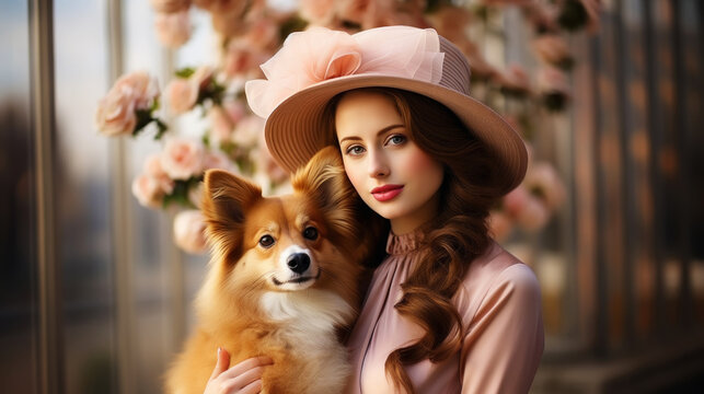 Photo of a beautiful English aristocratic woman in an amazing hat walking a corgi in a spring park. Generative AI