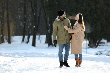 Fototapeta na wymiar Happy young couple walking in snowy park on winter day