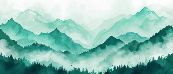 Crédence de cuisine en verre imprimé Montagnes Green colors watercolor color abstract brush painting art of beautiful mountains, mountain peak with firs, forest trees, minimalism landscape panorama banner illustration, isolated on white background