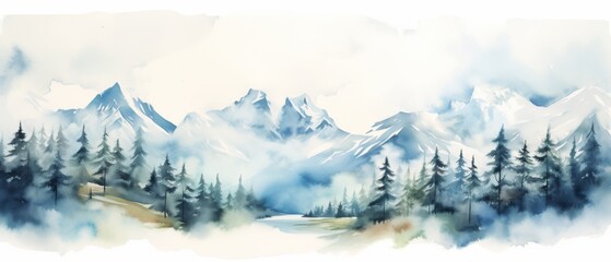 Fototapeta premium Blue colors watercolor color abstract brush painting art of beautiful mountains, mountain peak with firs, forest trees, minimalism landscape panorama banner illustration, isolated on white background