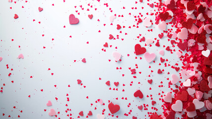 Vibrant background of red and pink heart-shaped confetti scattered on a white surface, capturing the joy and festivity of Valentine's Day