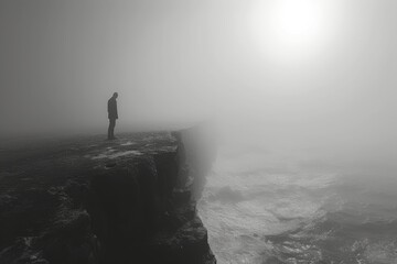 Man standing on the edge of rock above sea on foggy weather