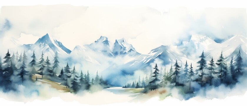 Blue colors watercolor color abstract brush painting art of beautiful mountains, mountain peak with firs, forest trees, minimalism landscape panorama banner illustration, isolated on white background