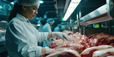In a meat processing facility, a worker carefully slices fresh beef on a metal work table, showcasing the attention to detail in the food industry. - obrazy, fototapety, plakaty