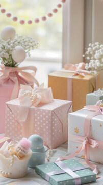 Close-up of baby shower gifts and favors arranged on a table