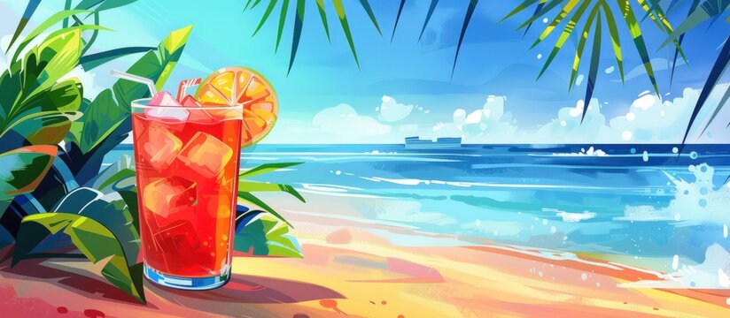 Fresh summer drink of cocktail on tropical beach background. Generated AI image