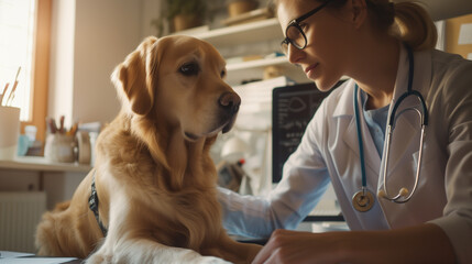 Veterinarian consulting with a pet owner, explaining the pet's health condition, clinic office...