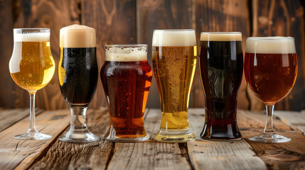 Variety of beer glasses, including pilsner, stout, and ale, arranged on a rustic wooden table, natural daylight highlighting the different colors and clarity of the beers