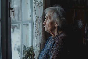 Alone and contemplative, an older woman stares out the window, pondering the passage of time. - obrazy, fototapety, plakaty