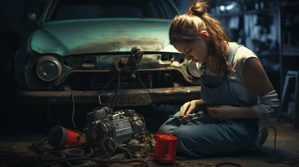 Fotobehang Side view of woman repairing her breakdown car. © Bitz