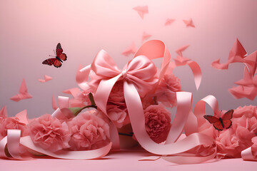 Bouquet of pink carnations with ribbon and butterfly on pink background