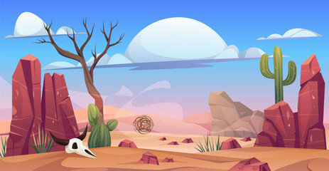 Western desert landscape with mountains, cactus and rocks, skull of animal. Vector cartoon scenery for game location setting, empty scene with dry tree and grass, stones and dunes of sands © Sensvector