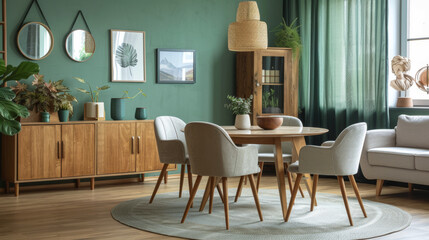Mint color chairs at round wooden dining table in room with sofa and cabinet near green wall. Scandinavian, mid-century home interior design of modern living room 