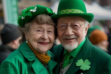 A happy elderly couple in green suits at the city festival in honor of St. Patrick's Day