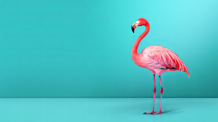 pink flamingo on turquoise background isolated, copy space