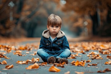 a sad little child in the middle of the road, pensive in silence