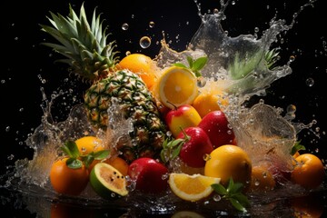 Watch as an assortment of colorful fruits grace the surface of the water, creating a captivating and lively spectacle.