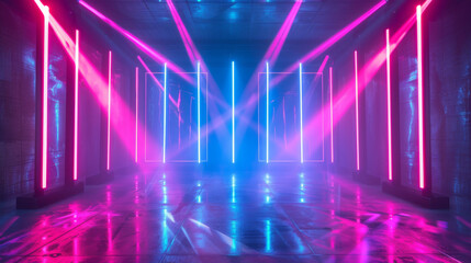 Neon light abstract background. Neon glowing lights stage with 80s retro art. Laser lines and LED technology create glow in dark room. Synthwave style wallpaper background. Cyber club. See Less
