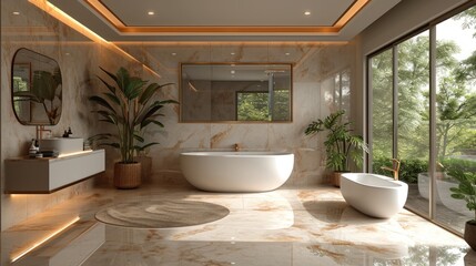 Fototapeta premium Indulge in the tranquility of this beautifully designed bathroom featuring a spacious tub and a stylish sink.