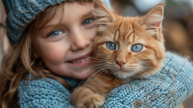 Playing children hugging a cat. Looks of happiness and delight on their faces