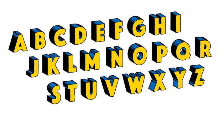 Comics super hero style font design, alphabet letter. Vintage retro comic and cartoon style. Block isometric decorative 3d typography. 