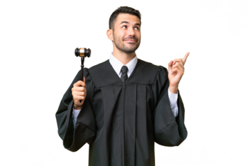 Judge caucasian man over isolated background pointing up a great idea