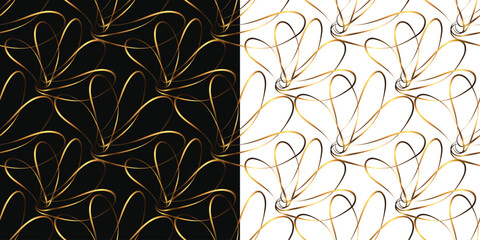 Gold striped flowers on black and white background.Seamless pattern. Vector illustration.