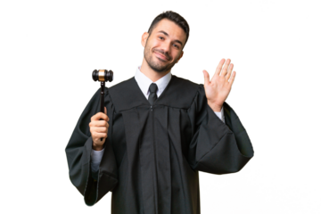 Judge caucasian man over isolated background saluting with hand with happy expression