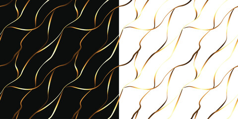 Gold stripes on black and white background.Seamless pattern. Vector illustration.