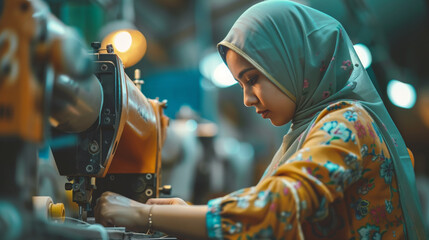 photo of asian indian seamstress with headscarf in textile factory sewing with industrial sewing machines