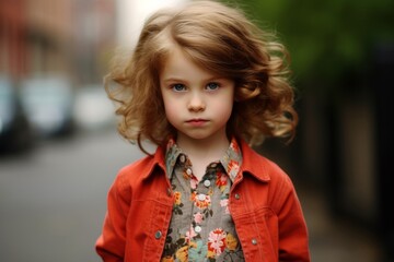 Portrait of a cute little girl with curly hair in a red jacket