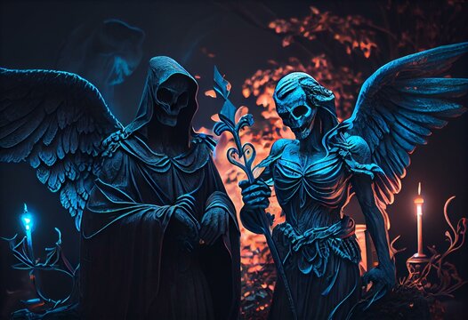 Black Angel And Grimm Reaper In Cemetery Halloween Concept Design. Generative AI