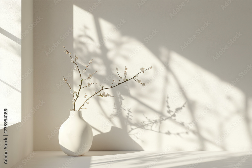 Poster white vase with flowers in a minimalist empty interior. soft shadows on a wall building a geometrica