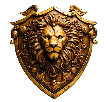 Golden shield with a lion's head, isolated on transparent background