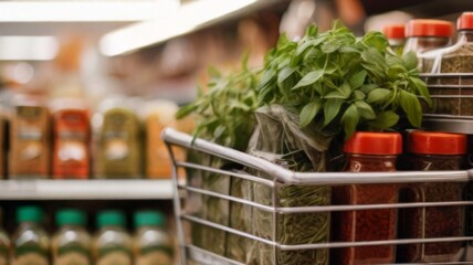 Shopping cart packed with fresh herbs, spices and seasoning blends