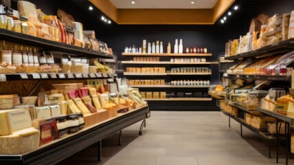 Fototapeta premium Shopping cart filled with gourmet cheeses and charcuterie